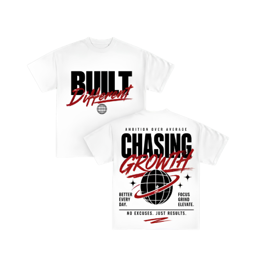 Two white short-sleeve graphic T-shirts shown on a plain white background, with the front and back views overlapping. The front has large white text reading 'BUILT' above red script text that appears to say 'Different.