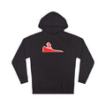 A black pullover hoodie with a red and white graphic of a runner on a track on the left chest, displayed on a solid white background.