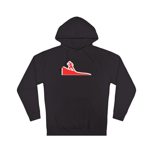 A black pullover hoodie with a red and white graphic of a runner on a track on the left chest, displayed on a solid white background.