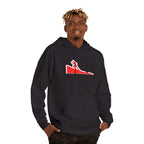 A man wearing a black pullover hoodie with a red and white graphic of a person sliding down a slide on the chest, set against a plain white background.