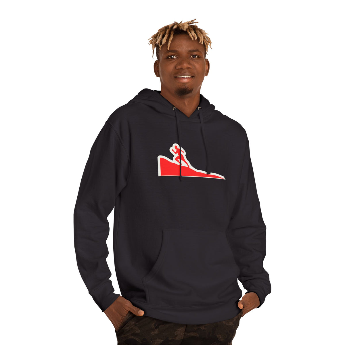A man wearing a black pullover hoodie with a red and white graphic of a person sliding down a slide on the chest, set against a plain white background.